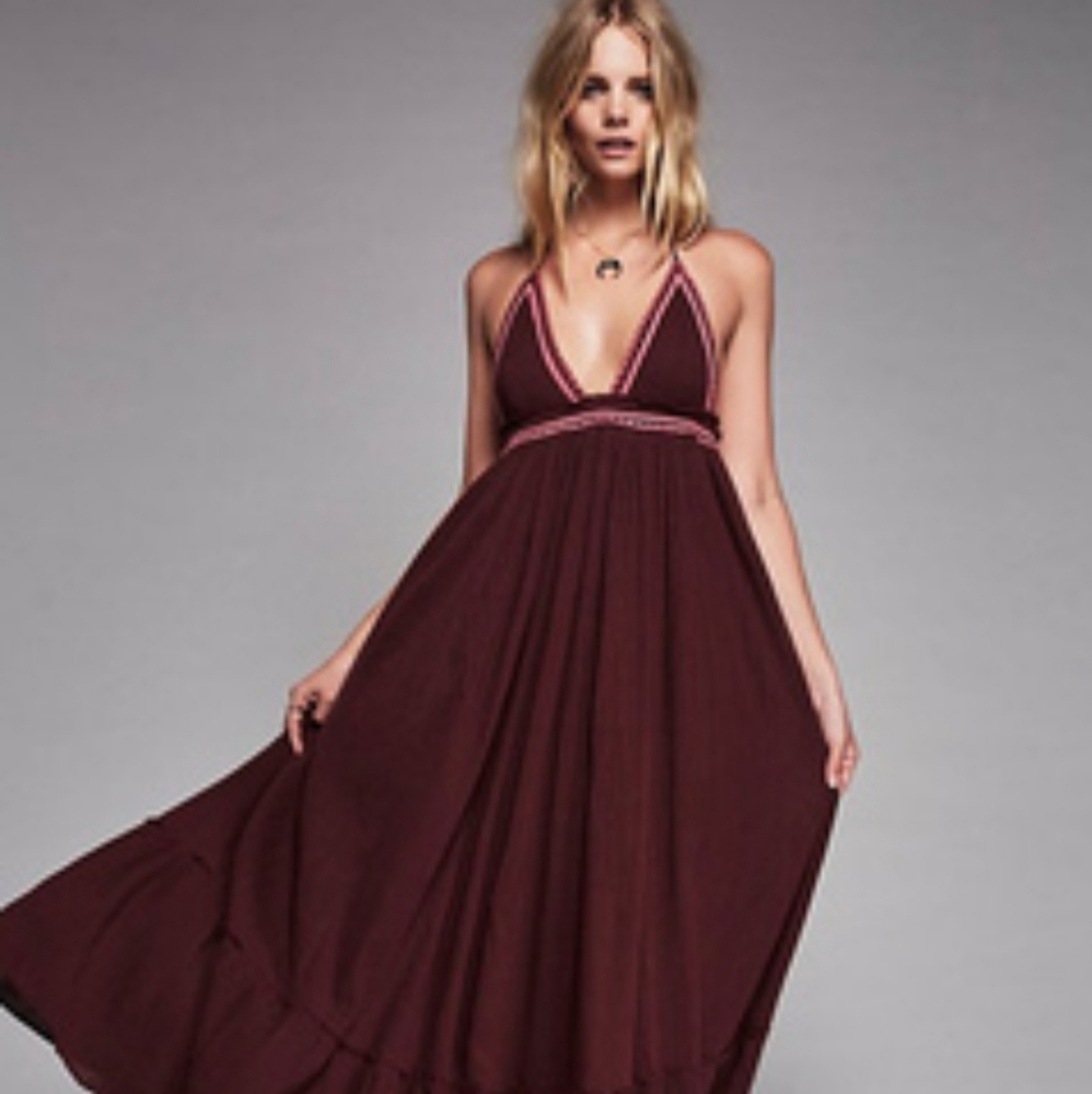 Free People Xs Maroon Pink Boho Maxi Sexy Halter V Neck Sleeveless Long Dress 